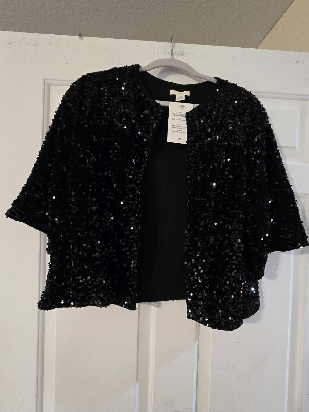 H&M Black Sequin Open-Front Cropped Blazer